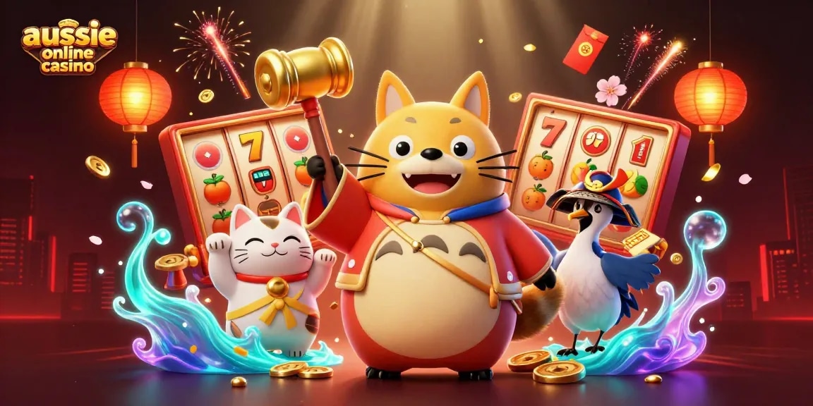 Aussie online casino celebration with a cheerful tanuki, cranes, slot symbols, and festive elements