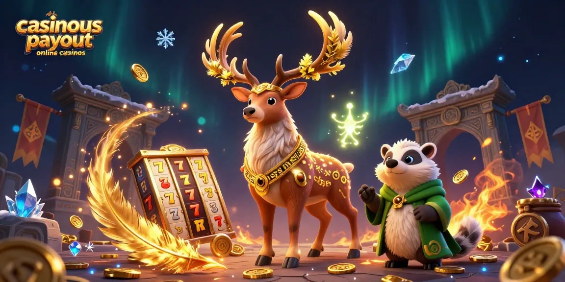 Experience the excitement of casinous payout online casinos with regal stag and wise badger amid swirling gold.