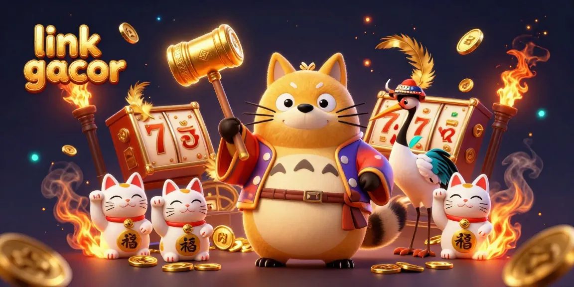 Engage with link gacor in this colorful illustration of a cheerful tanuki and friends in a vibrant casino setting.