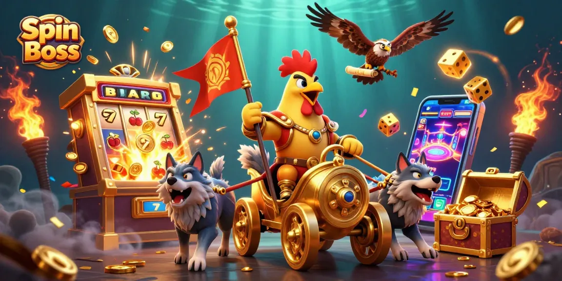 Spin Boss challenges players to engage with thrilling casino games amid a vibrant and dynamic illustration.