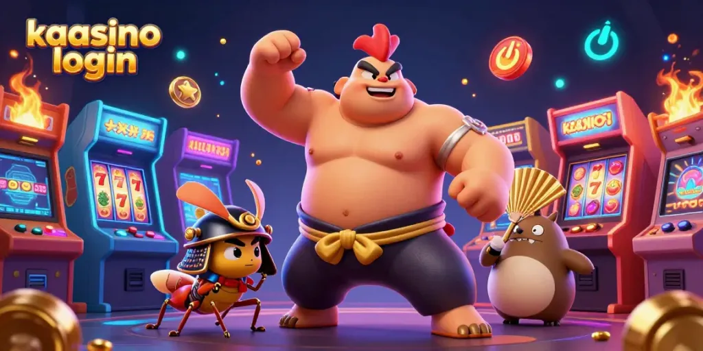 Kaasino login showcases a vibrant casino scene with unique characters and gaming elements