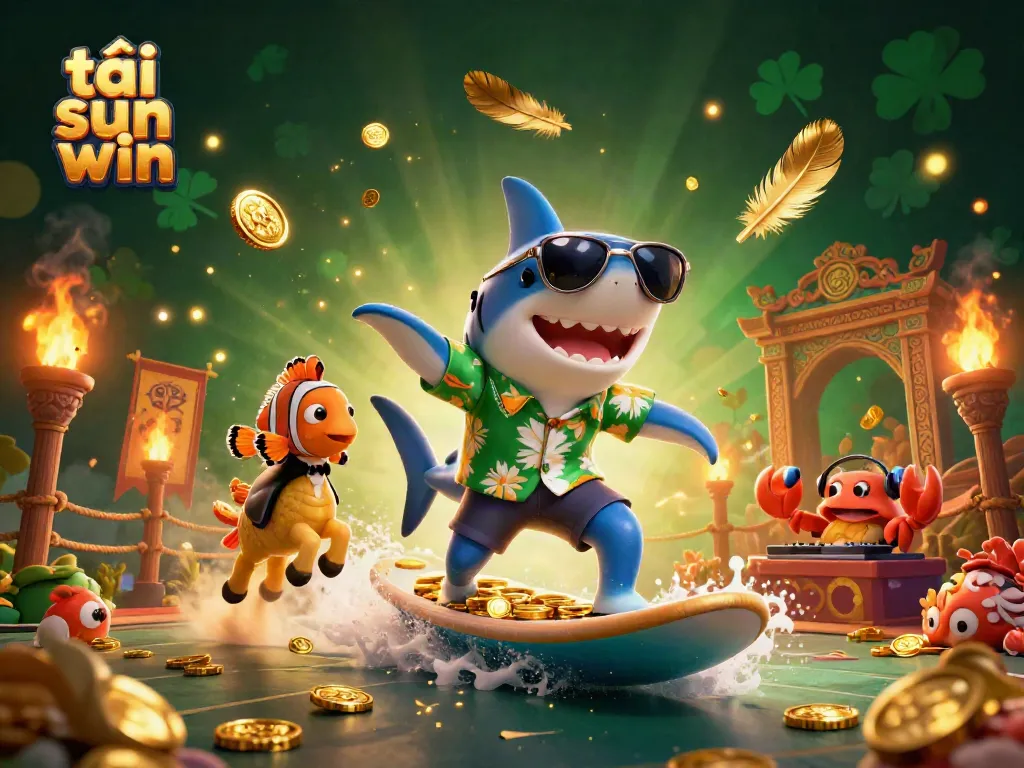 Surf the golden coins of tải sun win with our vibrant 3D illustration featuring playful characters.