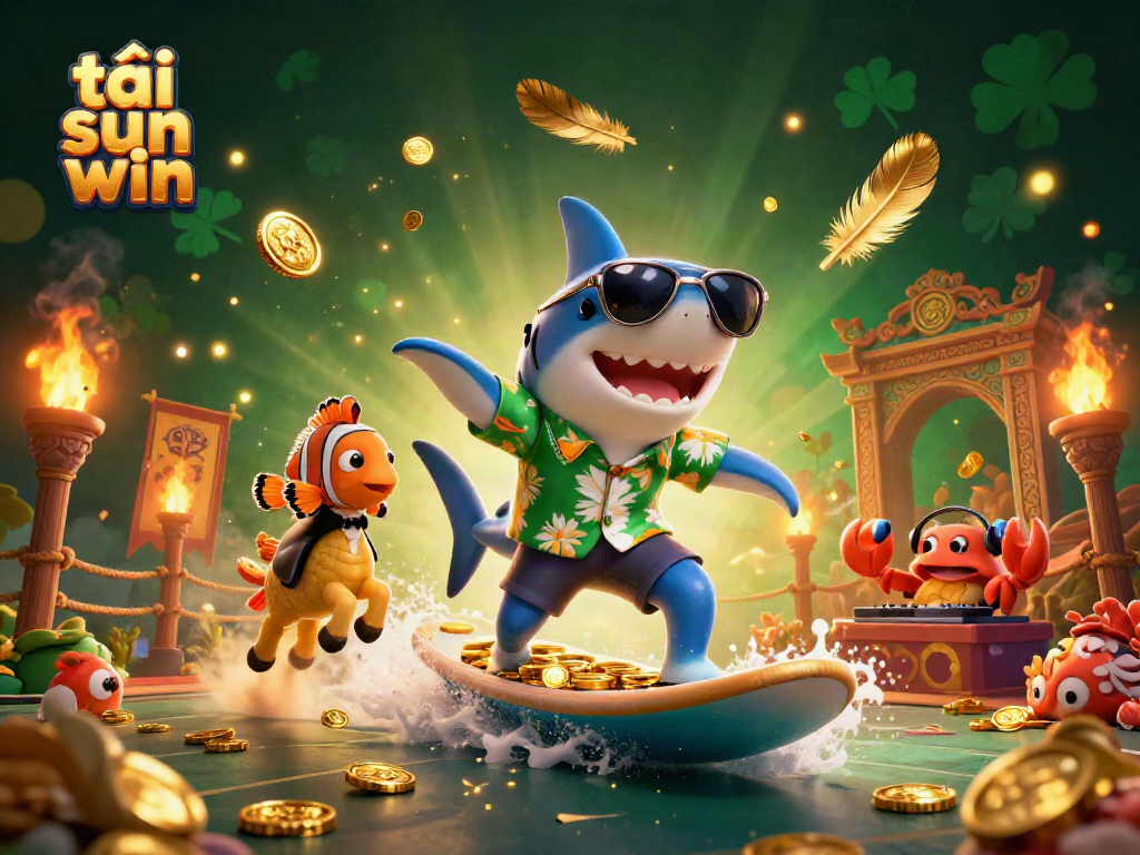 Surf the golden coins of tải sun win with our vibrant 3D illustration featuring playful characters.