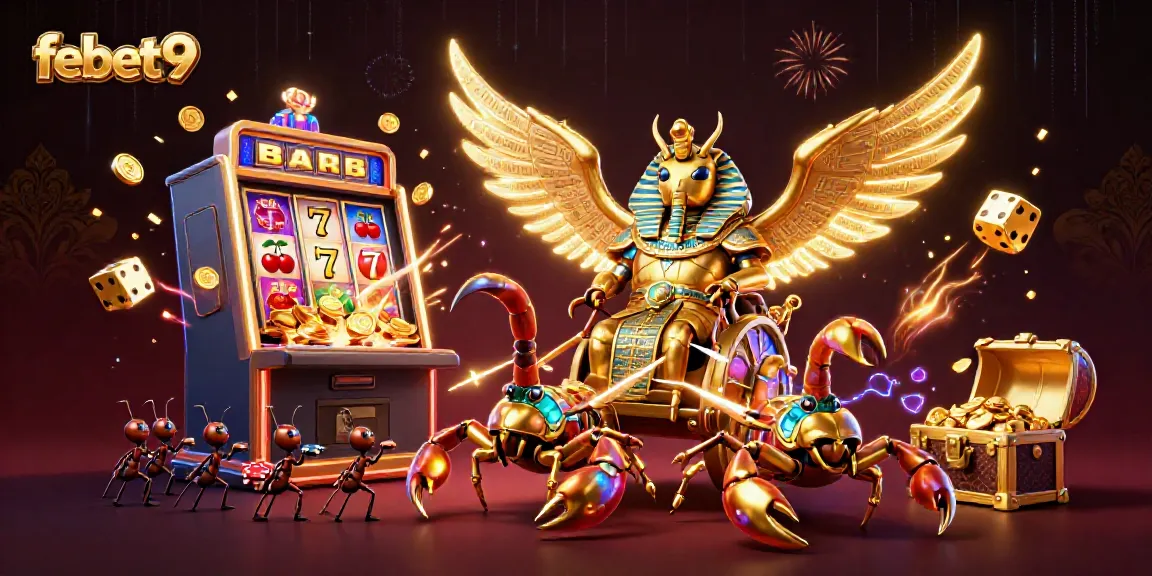 Experience excitement at febet9 with a vibrant illustration of a golden scarab amidst jackpot symbols and gaming elements.