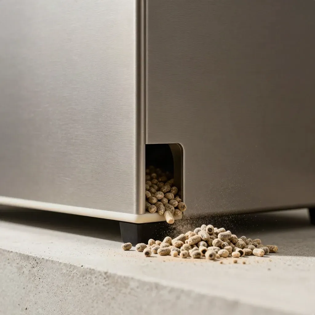 Close-up van een pelletkachel met stalen panelen en losse pellets in zacht showroomlicht