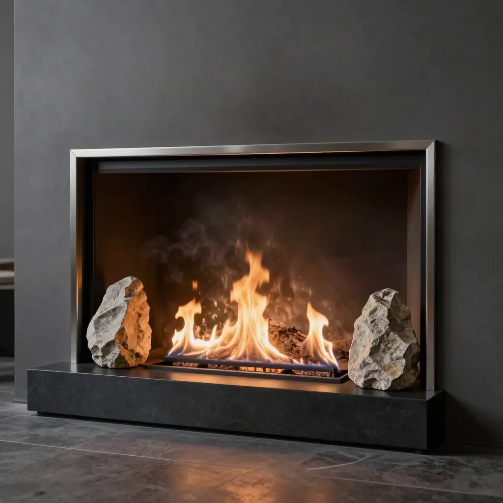Lage drie-kwart productfoto van een Element4 gashaard met dunne vlam en stenen plinten.