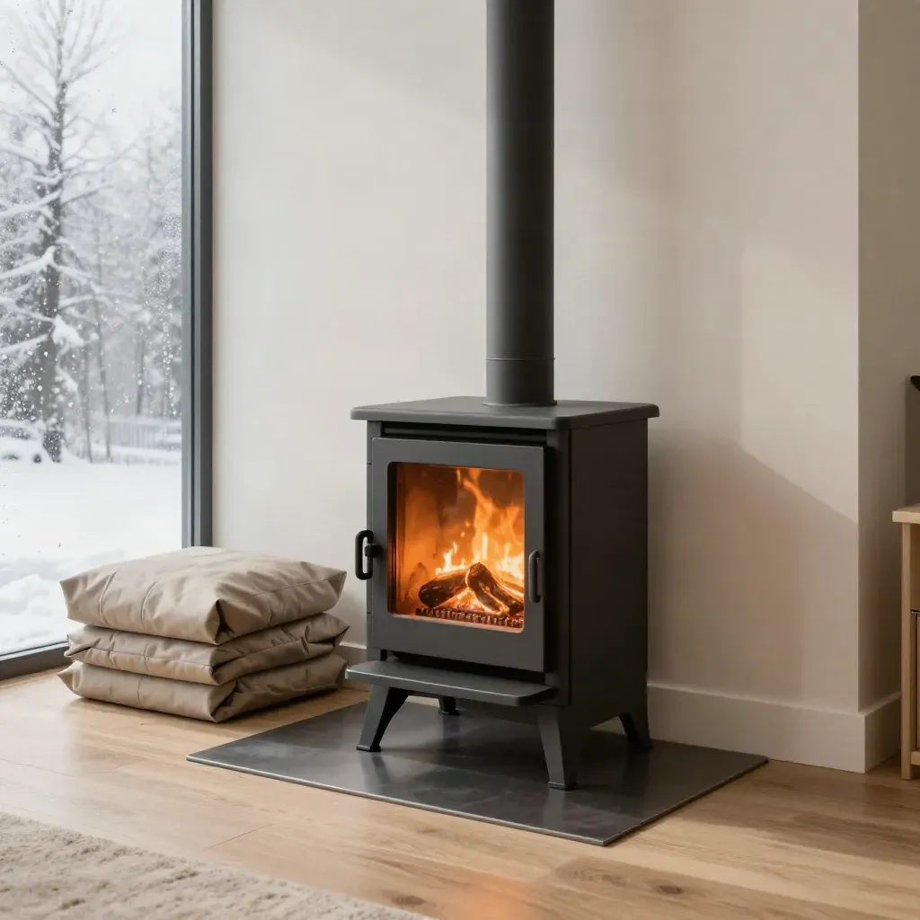 Vrijstaande kachelset met rookkanaal in lichte nieuwbouwwoonkamer, warme gloed en winterlicht.
