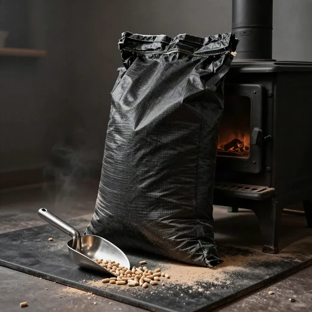 Onbedrukte pelletzak naast kachel met pellets en metalen schep in donkere studio