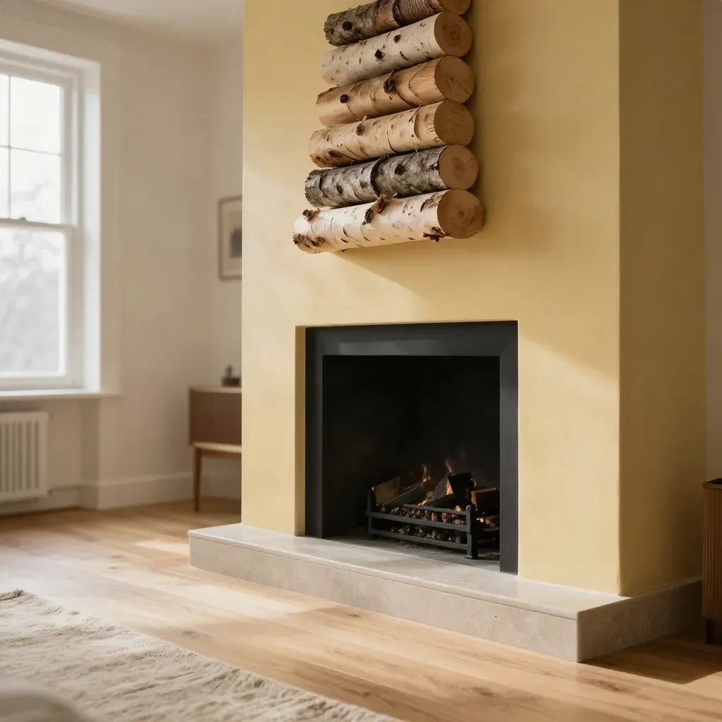 Renoveerde woonkamer met zwarte haardniche, berkenhout en zacht ochtendlicht.