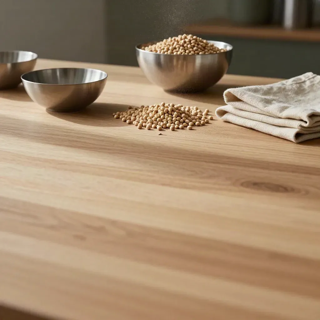 Warme houten werktafel met pelletkommen, stalen schaal en linnen in zacht zonlicht.