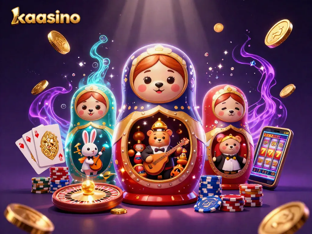 Play exciting games at Kaasino, featuring vibrant casino dealers, roulette wheels, and overflowing treasure.