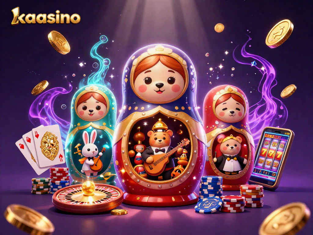 Play exciting games at Kaasino, featuring vibrant casino dealers, roulette wheels, and overflowing treasure.