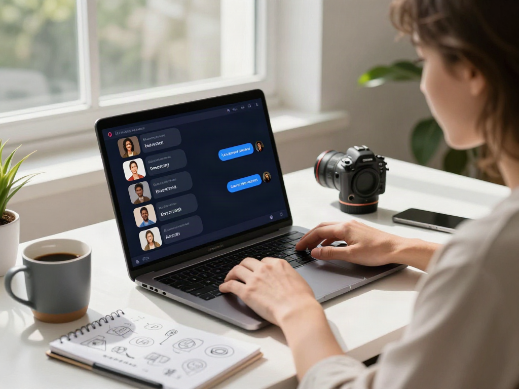 User engaging with a juicy chat ai on a laptop in a modern home office