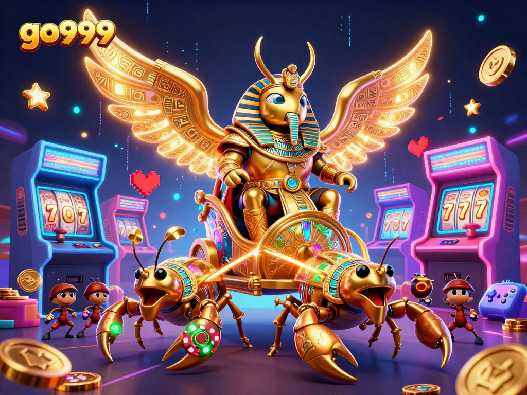 Engage with go999's vibrant gaming environment featuring a golden scarab and casino elements.