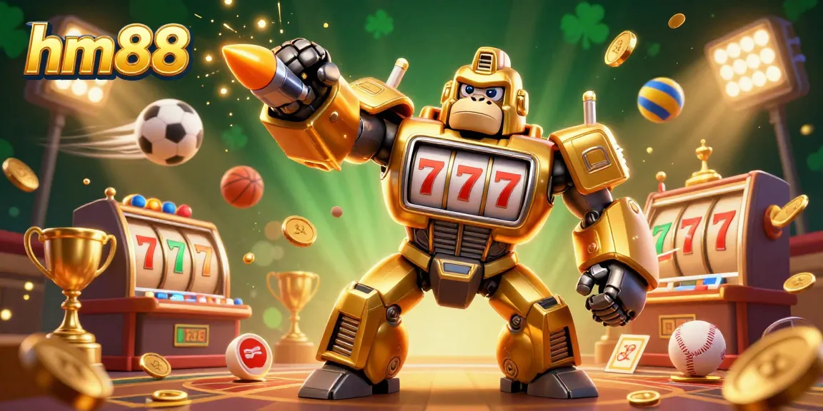 Engage with the dynamic gaming experience at hm88 featuring a golden gorilla mech and casino elements.