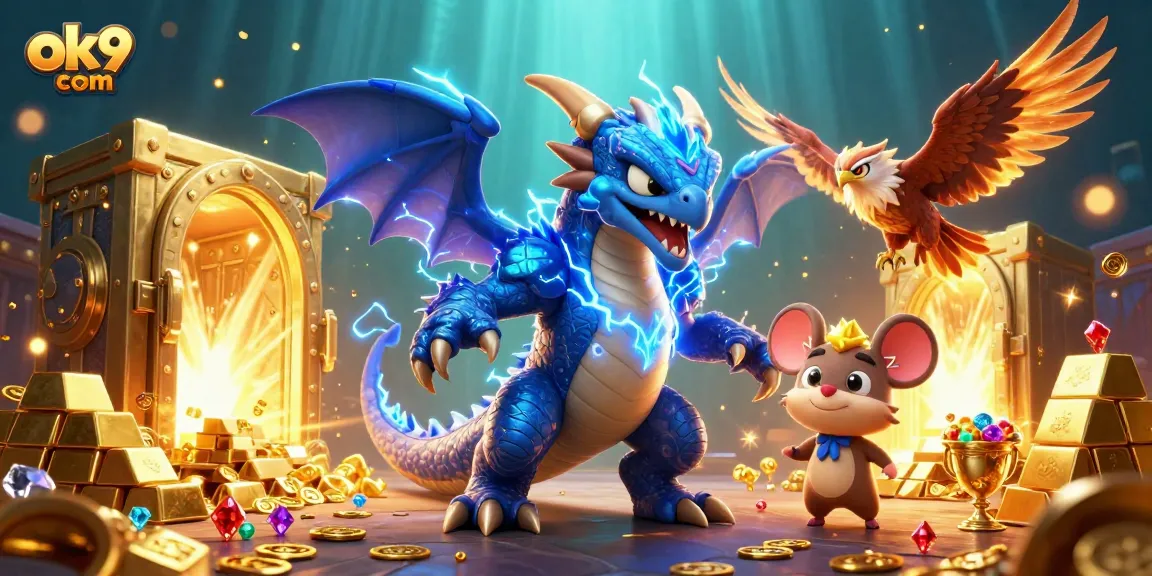 Join the excitement at ok9 com with our powerful dragon, hawk, and mascot among golden treasures!